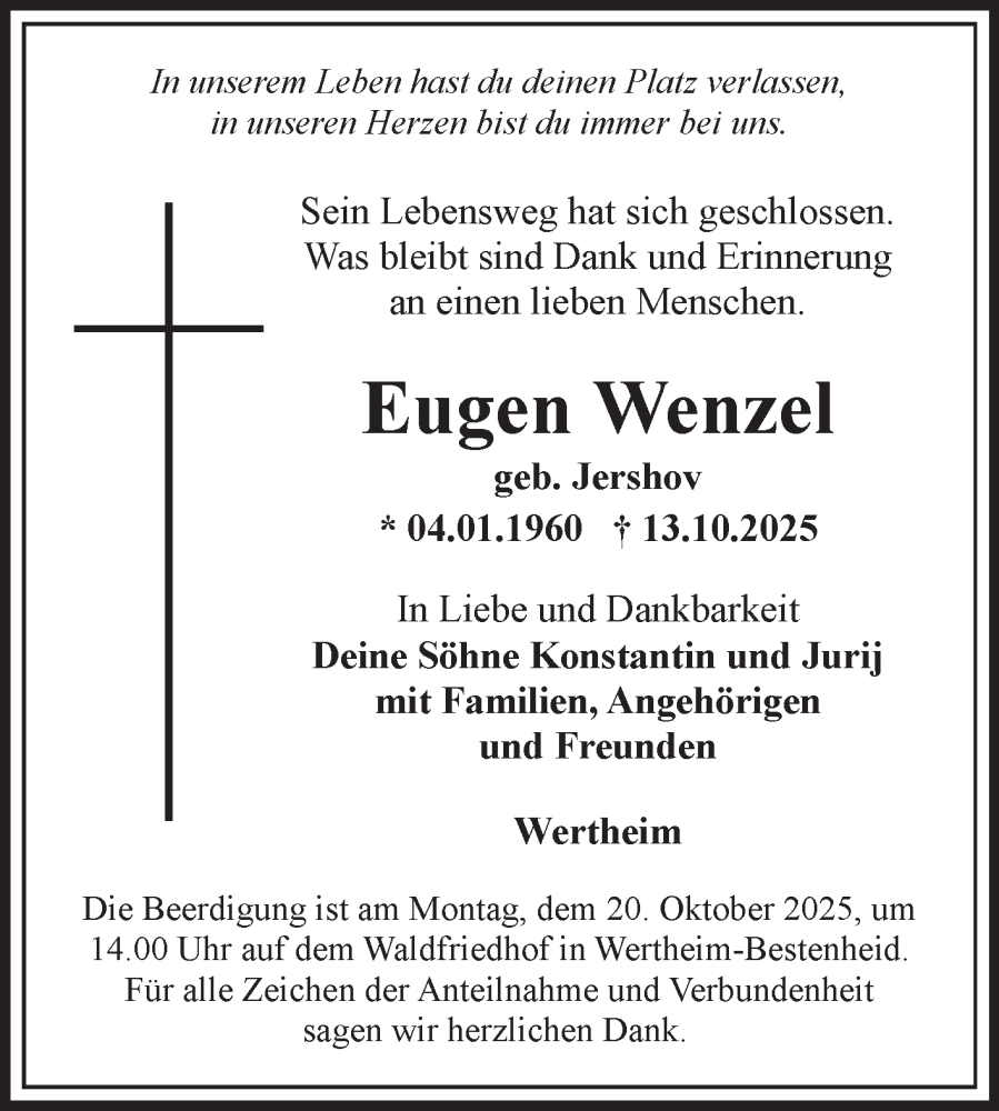  Traueranzeige für Eugen Wenzel vom 18.10.2025 aus Fränkische Nachrichten