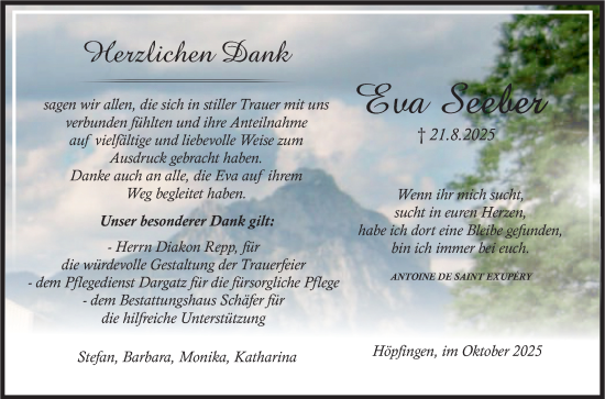 Traueranzeige von Eva Seeber von Fränkische Nachrichten