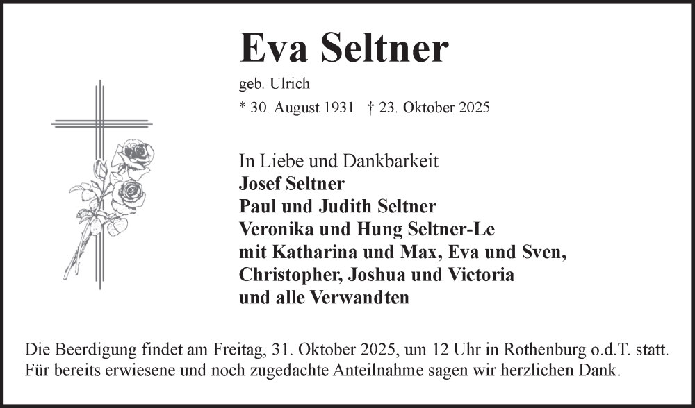  Traueranzeige für Eva Seltner vom 28.10.2025 aus Fränkische Nachrichten
