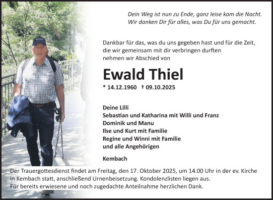 Traueranzeige von Ewald Thiel von Fränkische Nachrichten