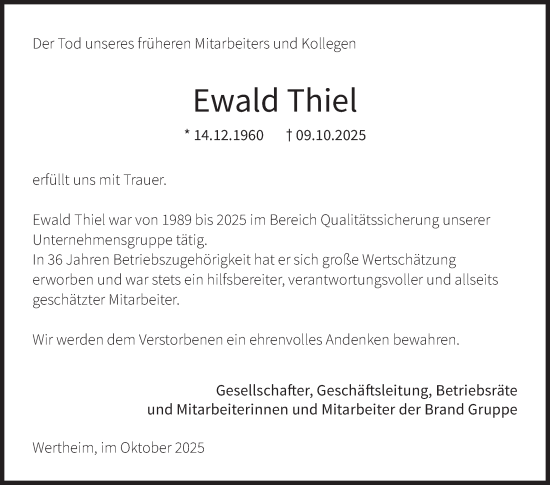 Traueranzeige von Ewald Thiel von Fränkische Nachrichten