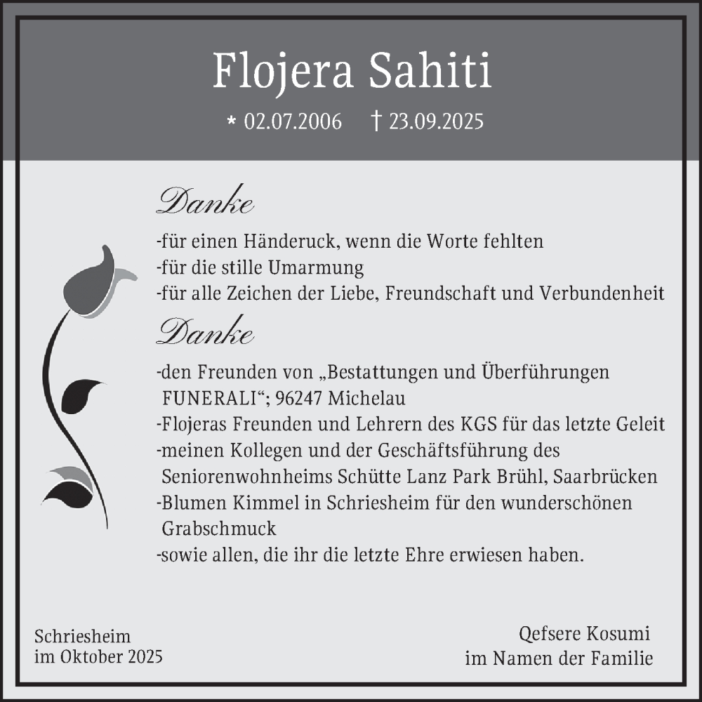  Traueranzeige für Flojera Sahiti vom 18.10.2025 aus Mannheimer Morgen