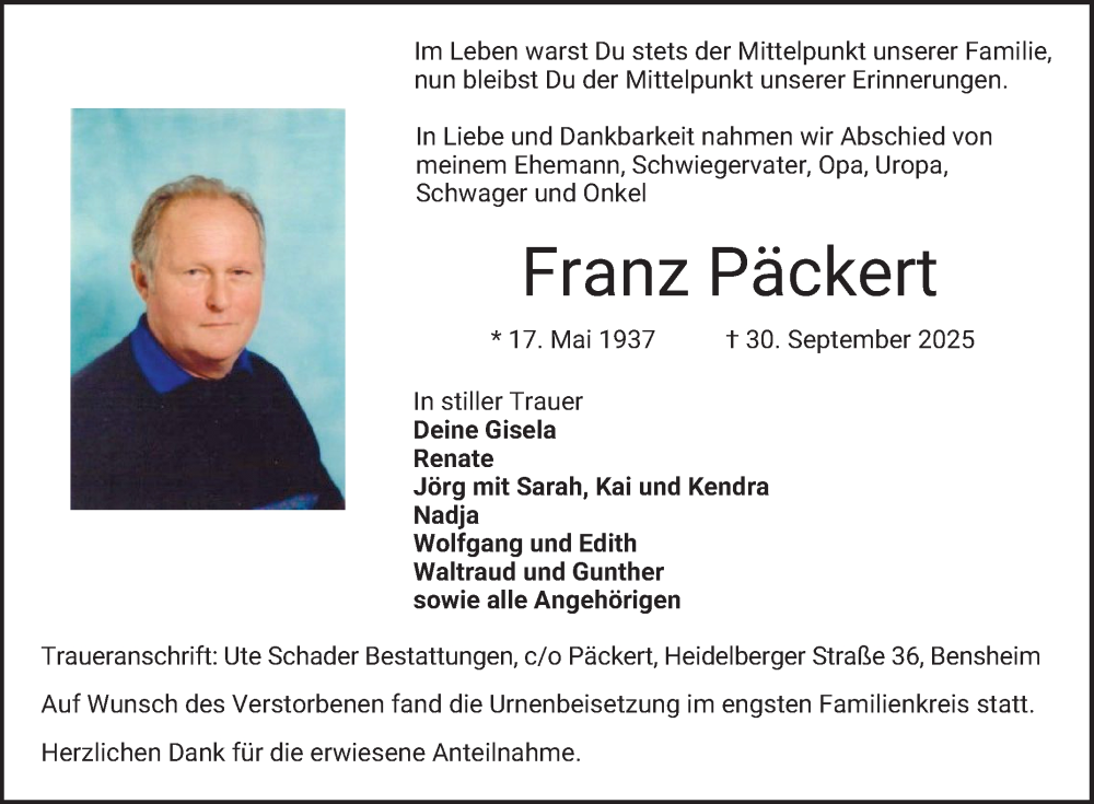  Traueranzeige für Franz Päckert vom 18.10.2025 aus Bergsträßer Anzeiger