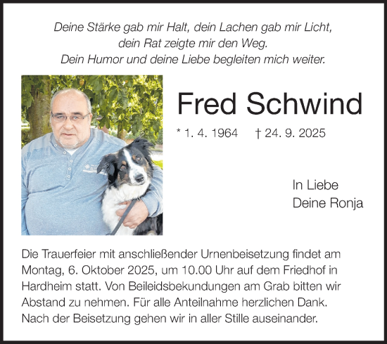 Traueranzeige von Fred Schwind von Fränkische Nachrichten