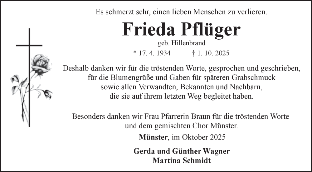  Traueranzeige für Frieda Pflüger vom 31.10.2025 aus Fränkische Nachrichten