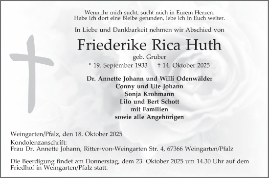 Traueranzeige von Friederike Rica Huth von Mannheimer Morgen