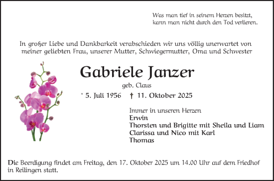 Traueranzeige von Gabriele Janzer von Schwetzinger Zeitung