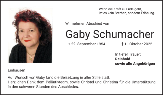 Traueranzeige von Gaby Schumacher von Bergsträßer Anzeiger