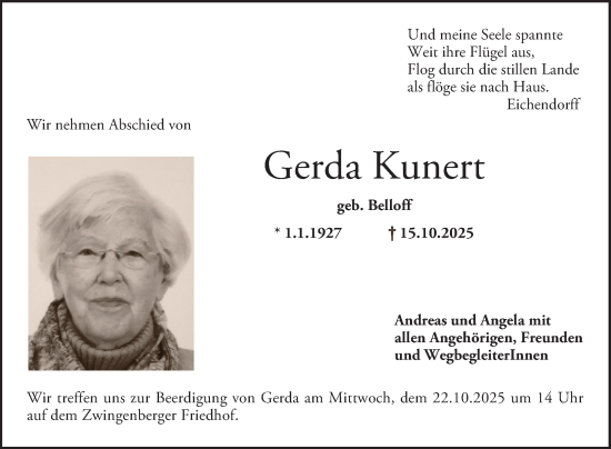 Traueranzeige von Gerda Kunert von Bergsträßer Anzeiger