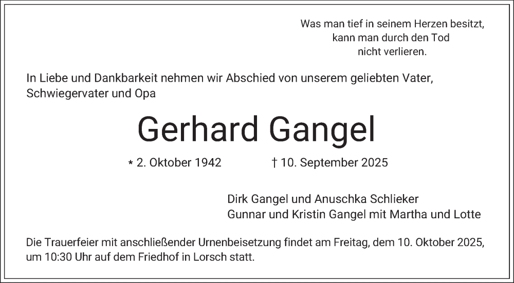  Traueranzeige für Gerhard Gangel vom 08.10.2025 aus Bergsträßer Anzeiger