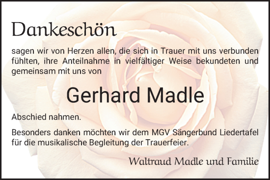 Traueranzeige von Gerhard Madle von Schwetzinger Zeitung