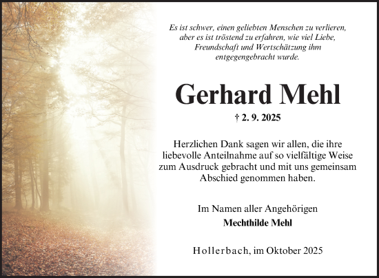 Traueranzeige von Gerhard Mehl von Fränkische Nachrichten