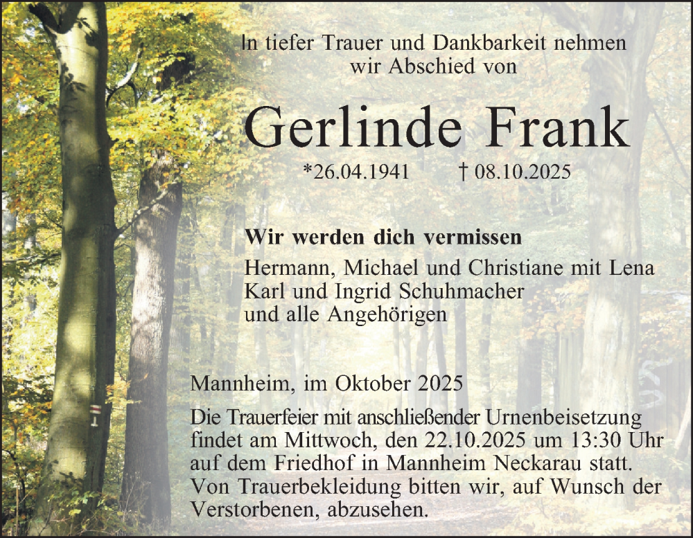  Traueranzeige für Gerlinde Frank vom 18.10.2025 aus Mannheimer Morgen