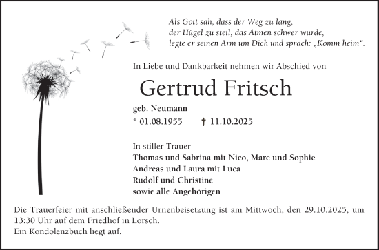 Traueranzeige von Gertrud Fritsch von Bergsträßer Anzeiger