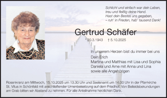 Traueranzeige von Gertrud Schäfer von Fränkische Nachrichten