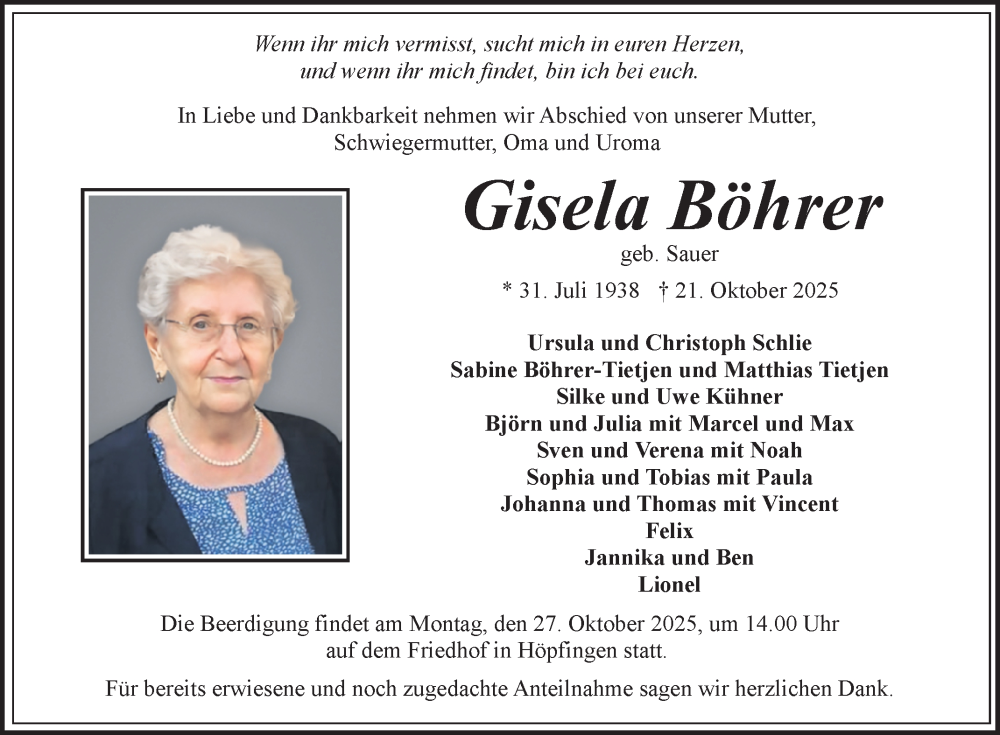  Traueranzeige für Gisela Böhrer vom 25.10.2025 aus Fränkische Nachrichten