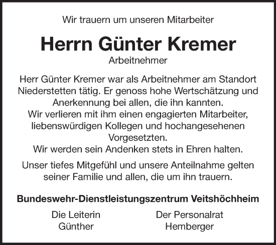 Traueranzeige von Günter Kremer von Fränkische Nachrichten