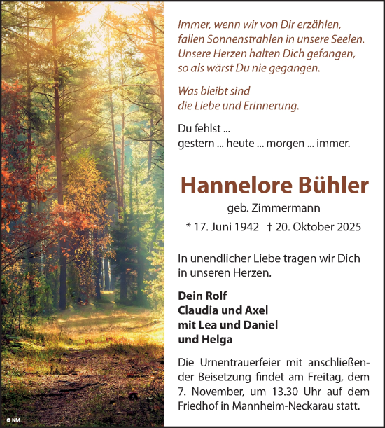 Traueranzeige von Hannelore Bühler von Mannheimer Morgen
