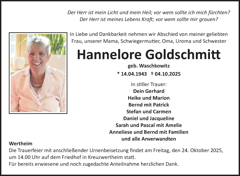  Traueranzeige für Hannelore Goldschmitt vom 14.10.2025 aus Fränkische Nachrichten