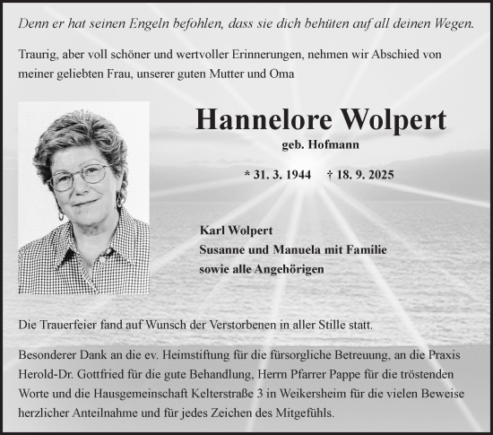 Traueranzeige von Hannelore Wolpert von Fränkische Nachrichten