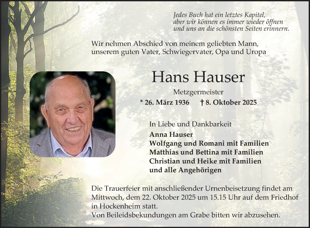  Traueranzeige für Hans Hauser vom 18.10.2025 aus Schwetzinger Zeitung