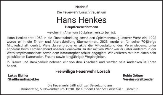 Traueranzeige von Hans Henkes von Bergsträßer Anzeiger