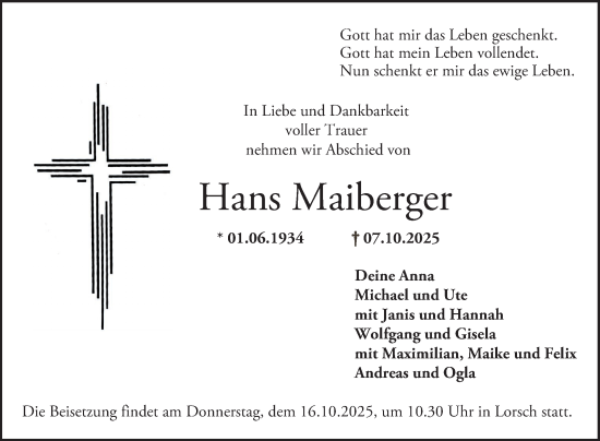 Traueranzeige von Hans Maiberger von Bergsträßer Anzeiger
