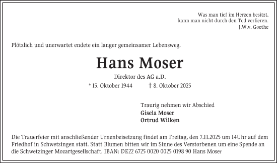 Traueranzeige von Hans Moser von Mannheimer Morgen