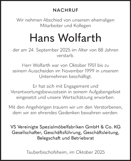 Traueranzeige von Hans Wolfarth von Fränkische Nachrichten