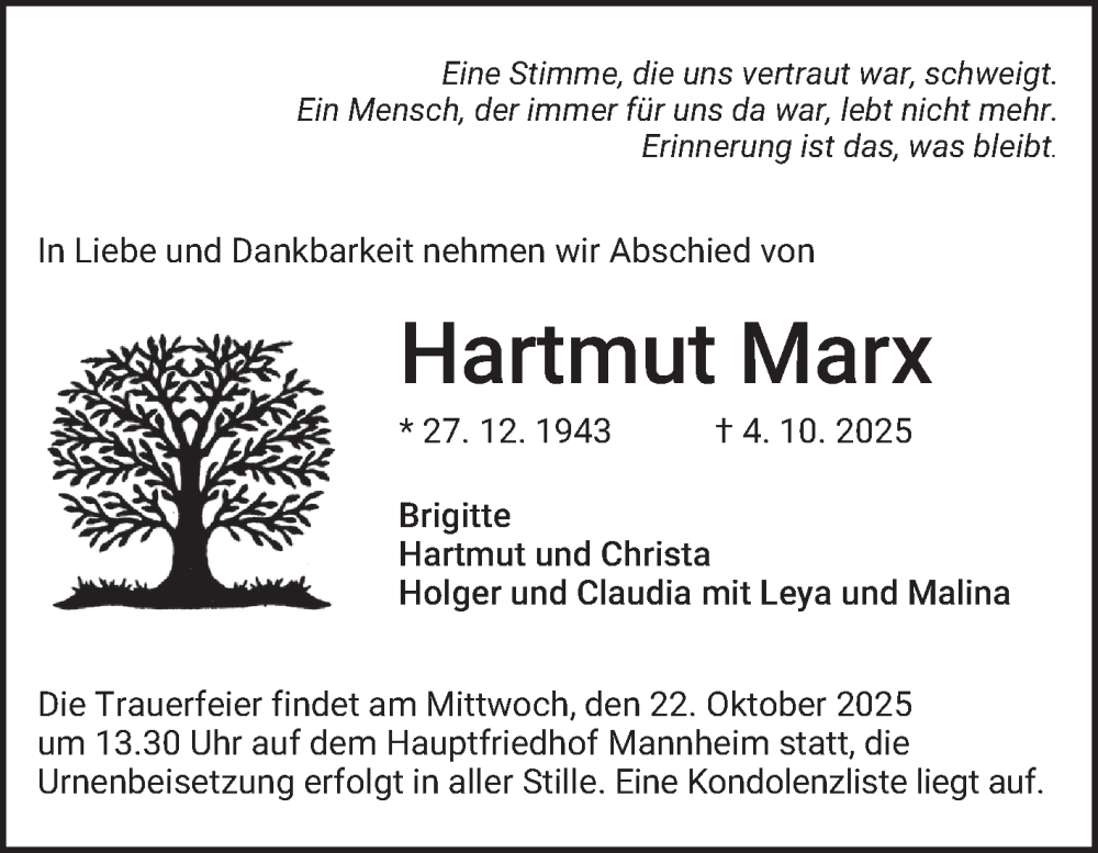 Traueranzeige für Hartmut Marx vom 18.10.2025 aus Mannheimer Morgen