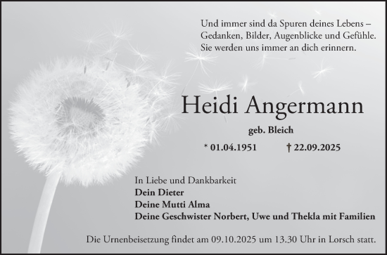 Traueranzeige von Heidi Angermann von Bergsträßer Anzeiger