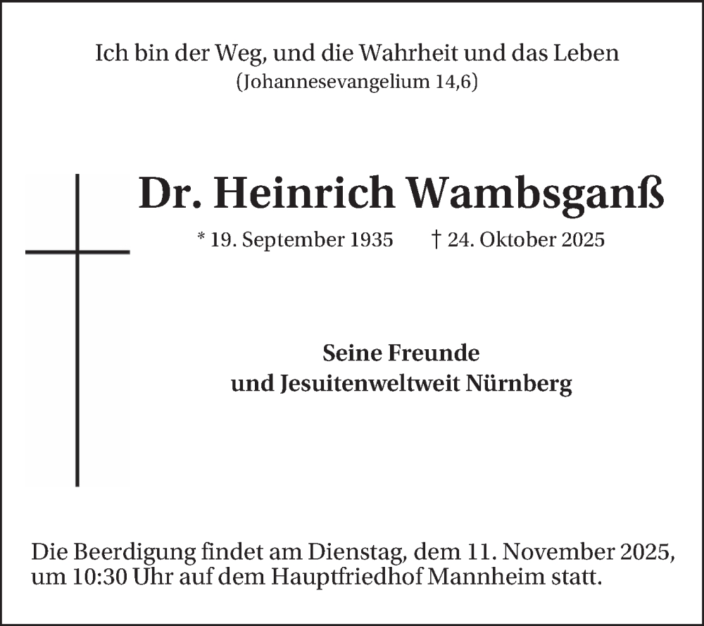  Traueranzeige für Heinrich Wambsganß vom 31.10.2025 aus Mannheimer Morgen