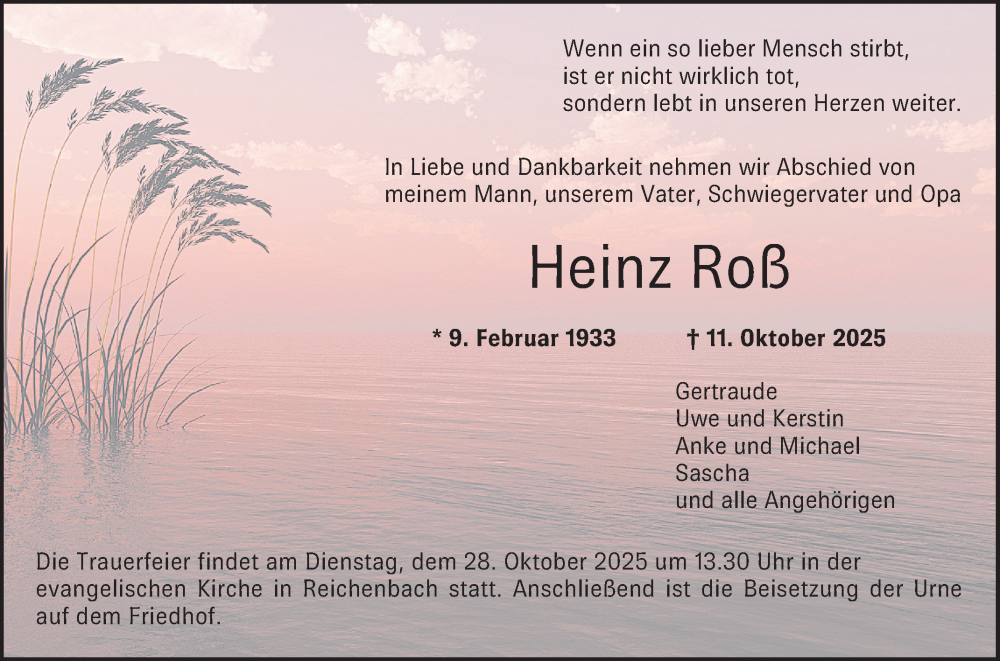 Traueranzeige für Heinz Roß vom 18.10.2025 aus Bergsträßer Anzeiger