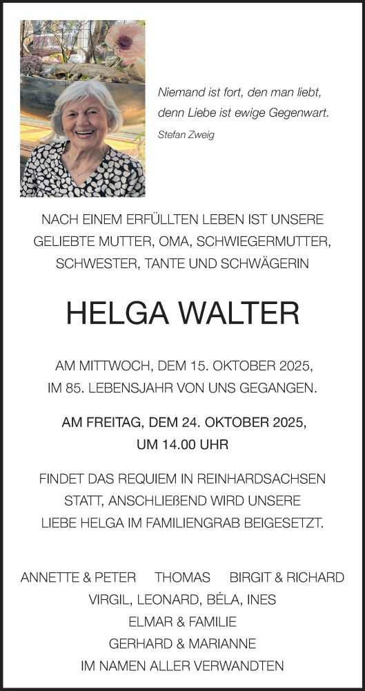 Traueranzeige von Helga Walter von Fränkische Nachrichten