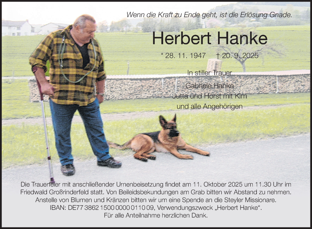  Traueranzeige für Herbert Hanke vom 04.10.2025 aus Fränkische Nachrichten