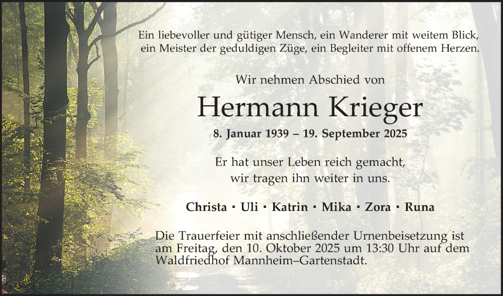  Traueranzeige für Hermann Krieger vom 04.10.2025 aus Mannheimer Morgen