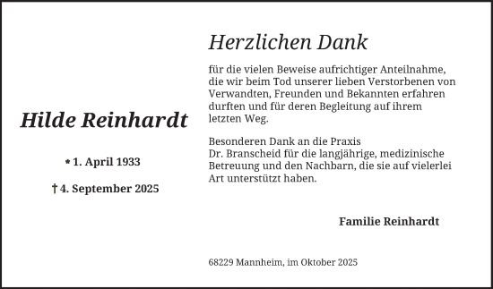 Traueranzeige von Hilde Reinhardt von Mannheimer Morgen
