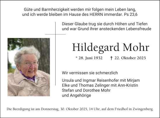 Traueranzeige von Hildegard Mohr von Bergsträßer Anzeiger