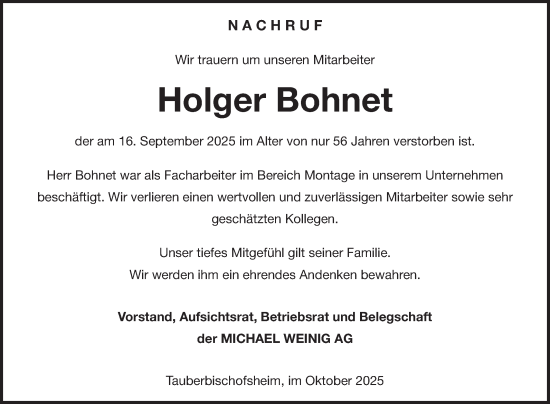 Traueranzeige von Holger Bohnet von Fränkische Nachrichten