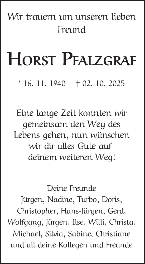  Traueranzeige für Horst Pfalzgraf vom 11.10.2025 aus Mannheimer Morgen