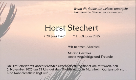 Traueranzeige von Horst Stechert von Mannheimer Morgen