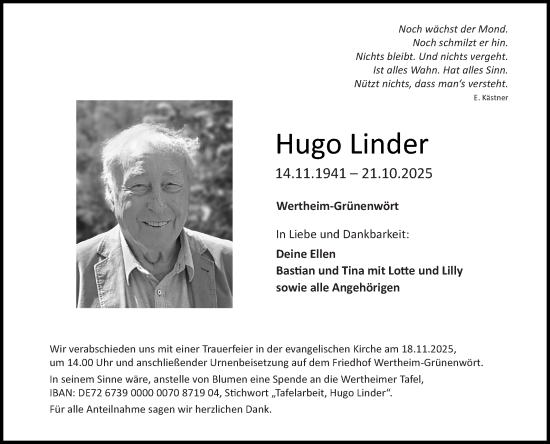 Traueranzeige von Hugo Linder von Fränkische Nachrichten