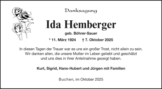 Traueranzeige von Ida Hemberger von Fränkische Nachrichten
