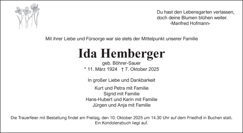  Traueranzeige für Ida Hemberger vom 09.10.2025 aus Fränkische Nachrichten