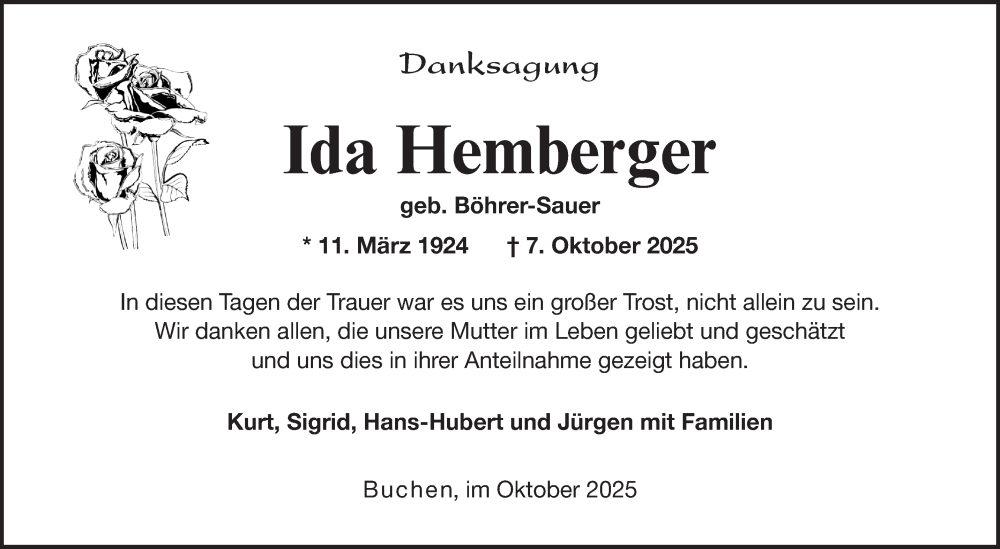  Traueranzeige für Ida Hemberger vom 25.10.2025 aus Fränkische Nachrichten