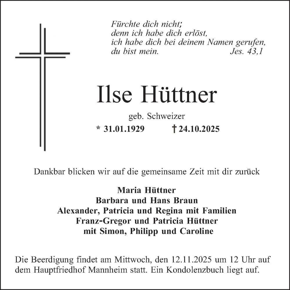  Traueranzeige für Ilse Hüttner vom 31.10.2025 aus Mannheimer Morgen