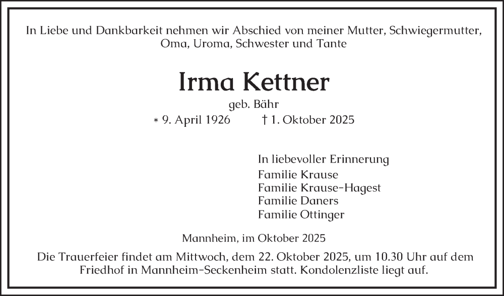  Traueranzeige für Irma Kettner vom 18.10.2025 aus Mannheimer Morgen