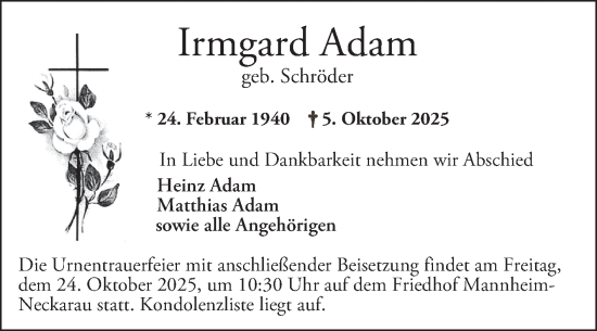 Traueranzeige von Irmgard Adam von Mannheimer Morgen