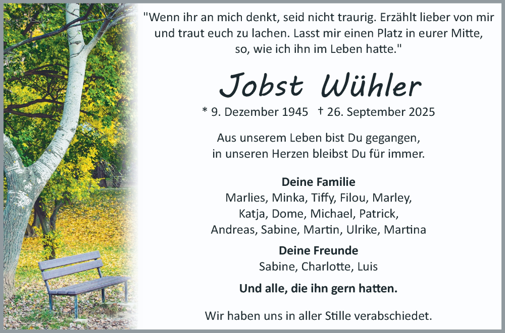 Traueranzeige für Jobst Wühler vom 11.10.2025 aus Schwetzinger Zeitung