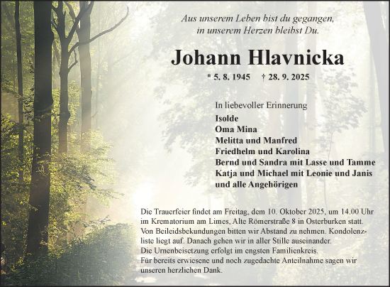 Traueranzeige von Johann Hlavnicka von Fränkische Nachrichten